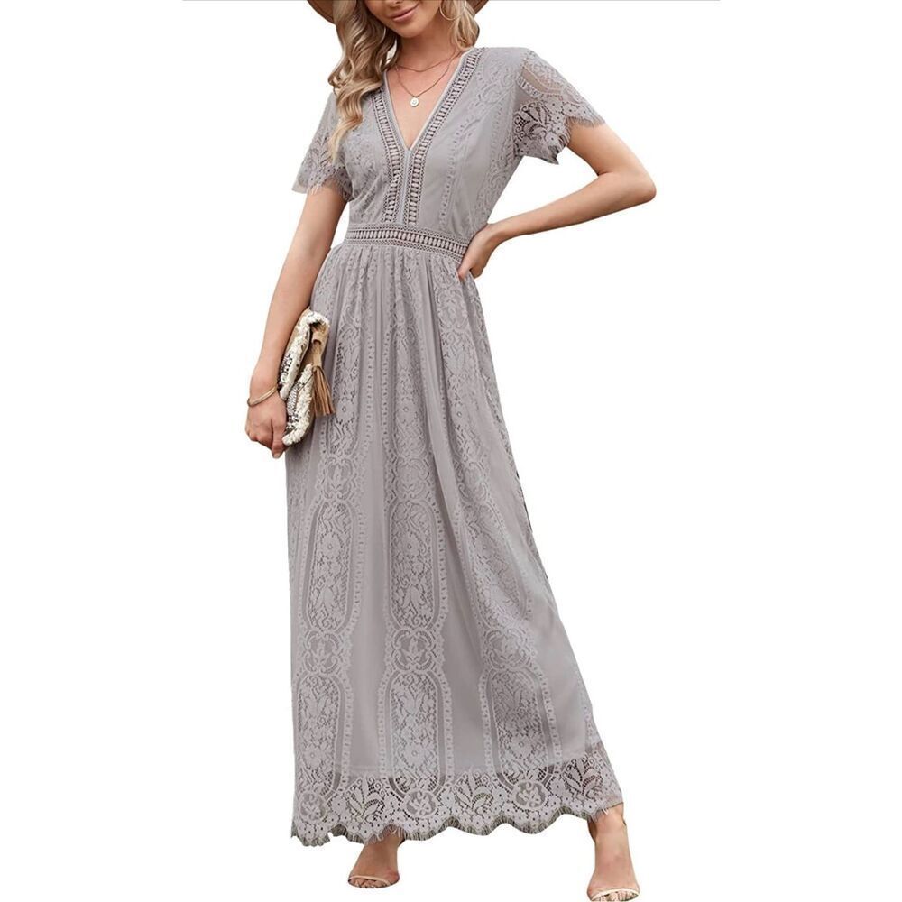 NEW V Neck High Waist Maxi Dress Elegant Lace Cocktail Party M